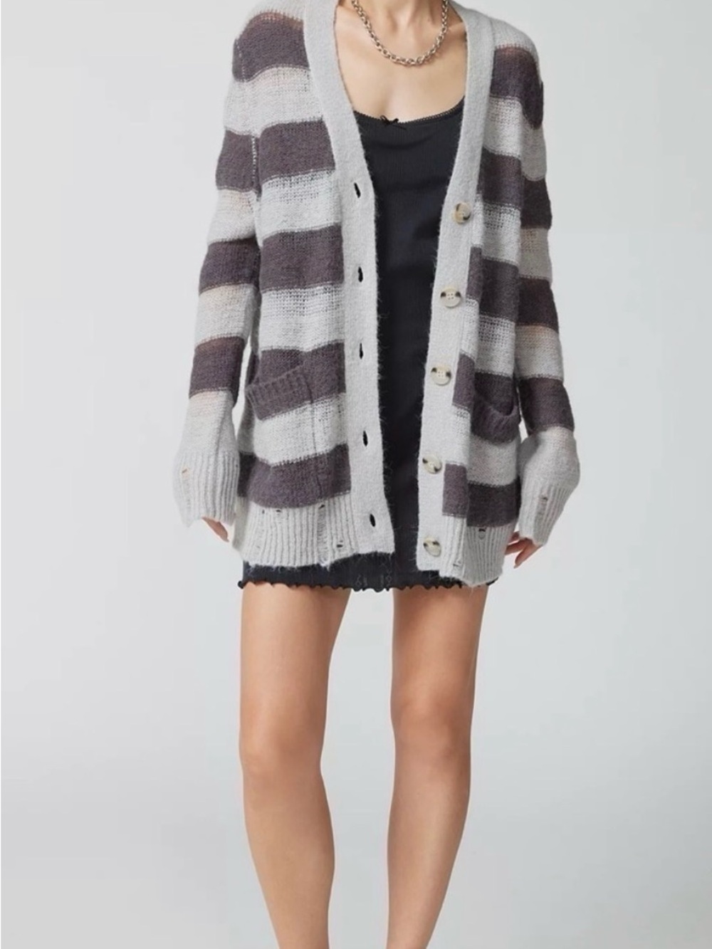 Urban Outfitters Alston Stripe Knit Cardigan in a semi-sheer, open-weave. Small